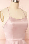 Vanessa Mauve Satin Short Dress | Boutique 1861side close up