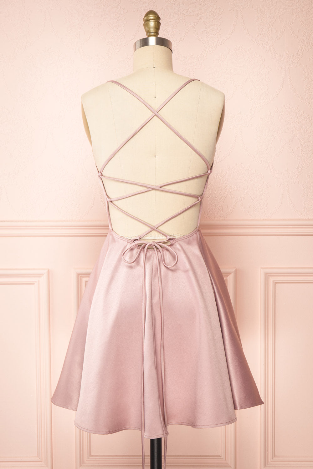 Vanessa Mauve Satin Short Dress | Boutique 1861 back view