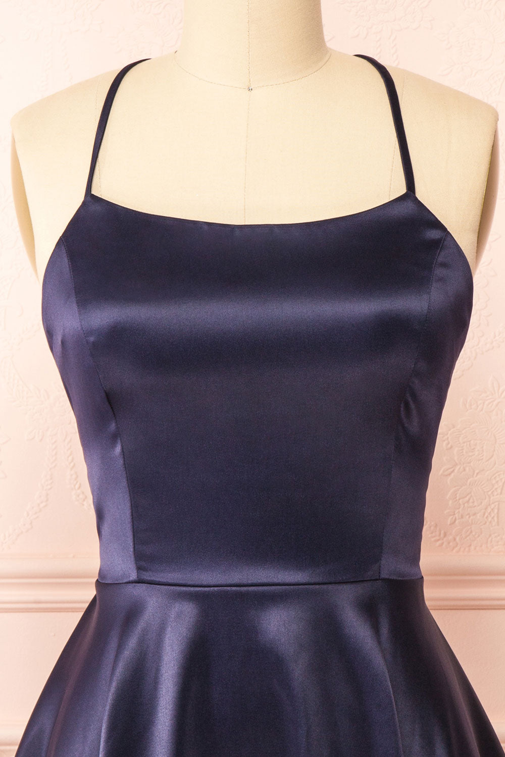 Vanessa Navy Short Satin Dress | Boutique 1861 front close-up