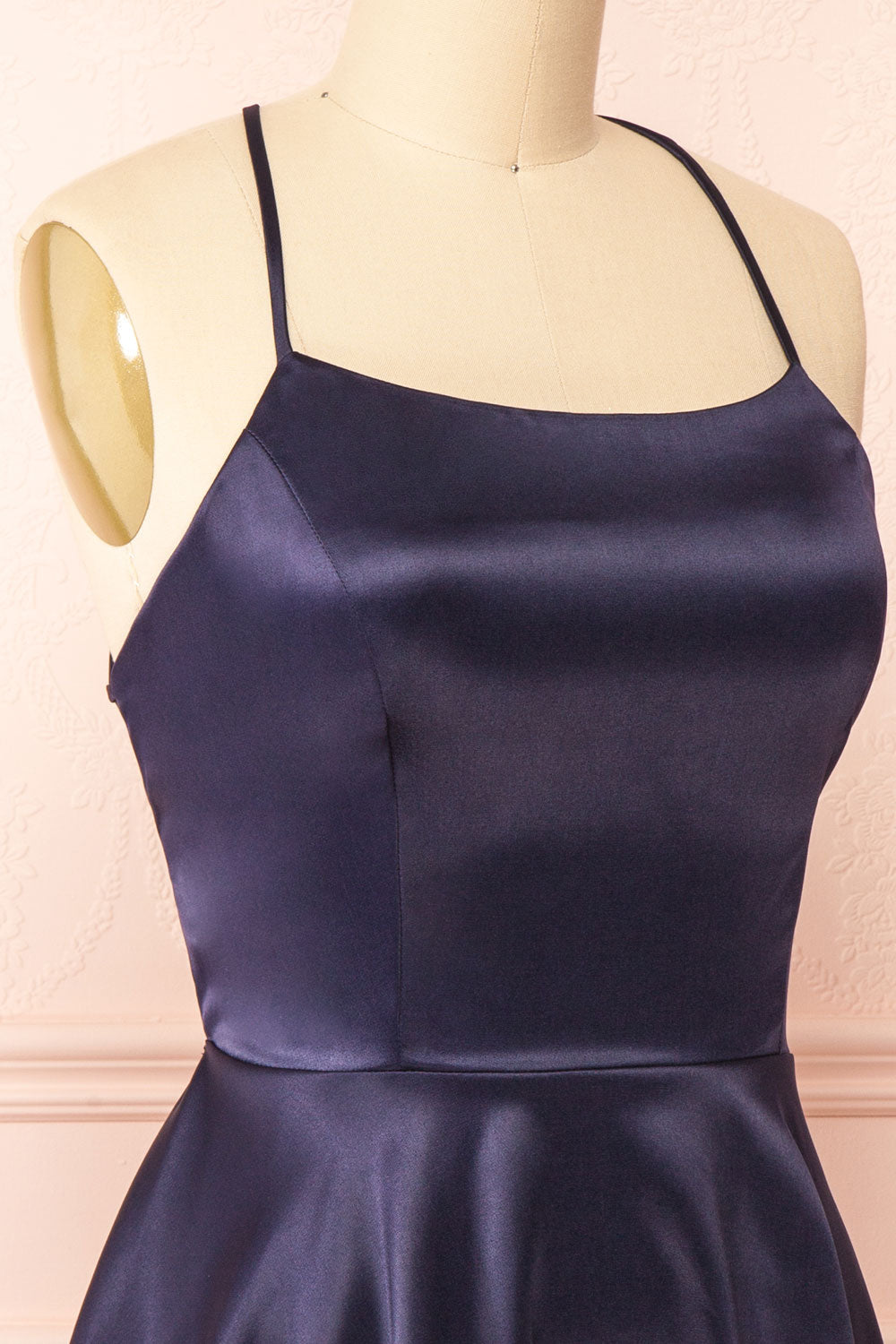 Vanessa Navy Short Satin Dress | Boutique 1861 side close-up