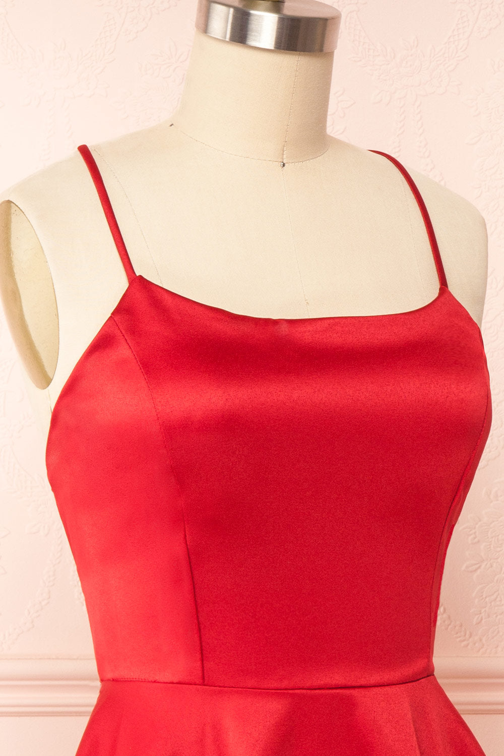 Vanessa Red Satin Short Dress | Boutique 1861  side close up