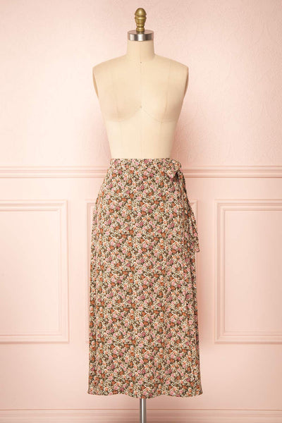 Vania Brown Floral Patterned Wrap Midi Skirt | Boutique 1861 front view