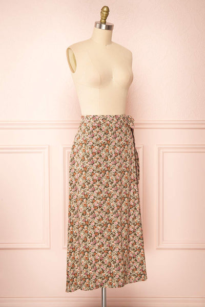 Vania Brown Floral Patterned Wrap Midi Skirt | Boutique 1861 side view