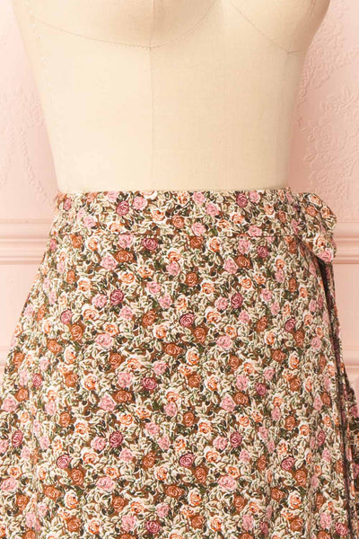 Vania Brown Floral Patterned Wrap Midi Skirt | Boutique 1861 side close-up