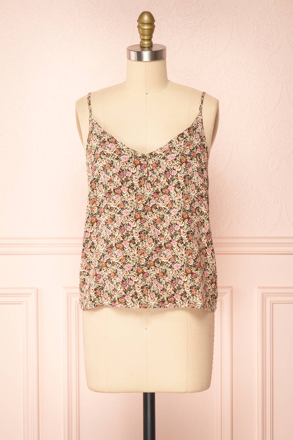 Vansi Thin Straps Floral Tank Top With Buttons