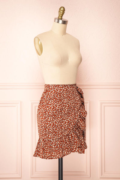 Varinia Brown Patterned Ruffle Short Wrap Skirt | Boutique 1861 side view