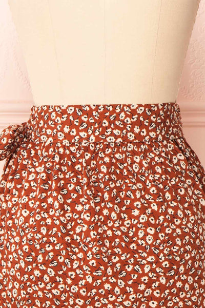 Varinia Brown Patterned Ruffle Short Wrap Skirt | Boutique 1861 back close-up