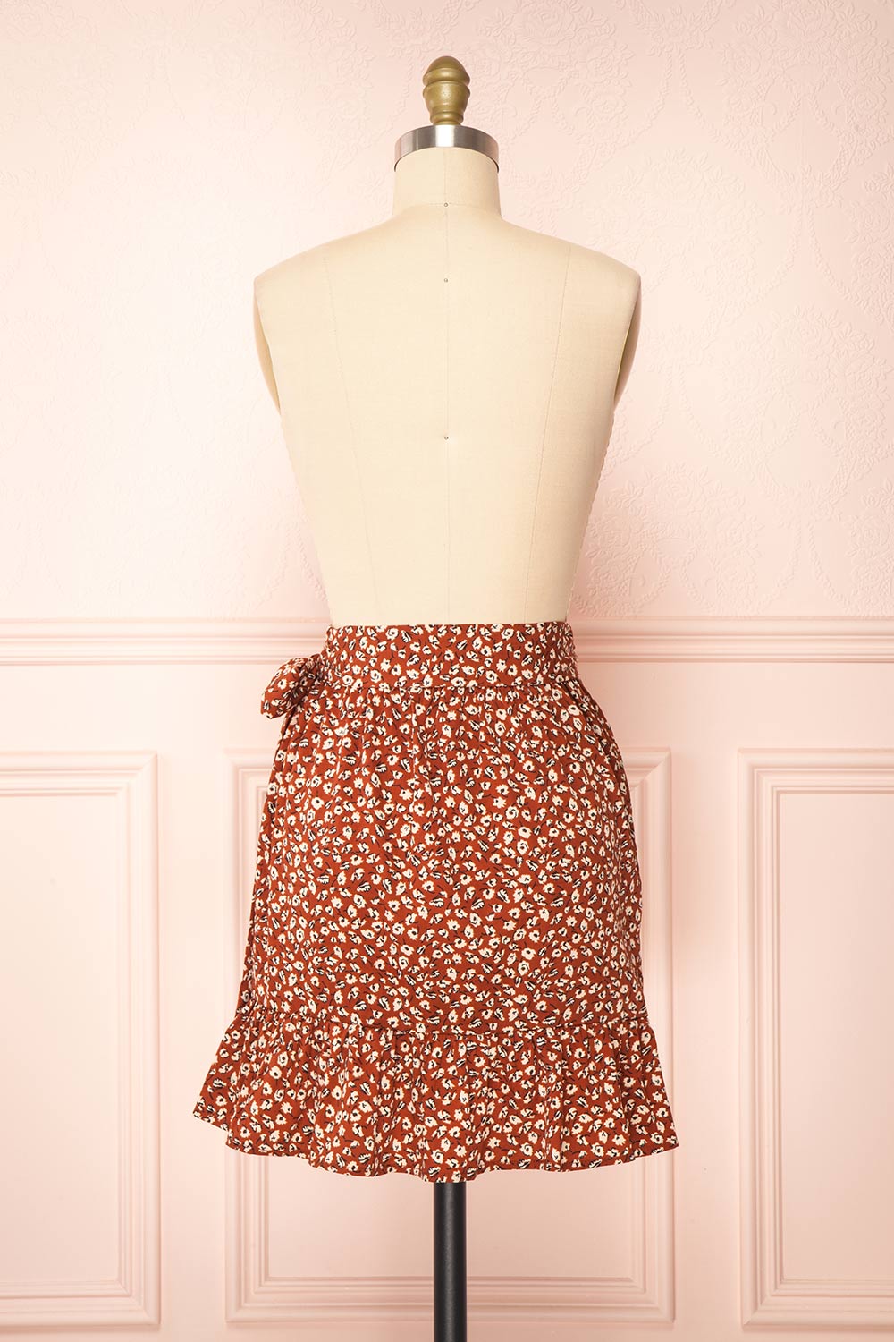 Varinia Brown Patterned Ruffle Short Wrap Skirt | Boutique 1861 back view