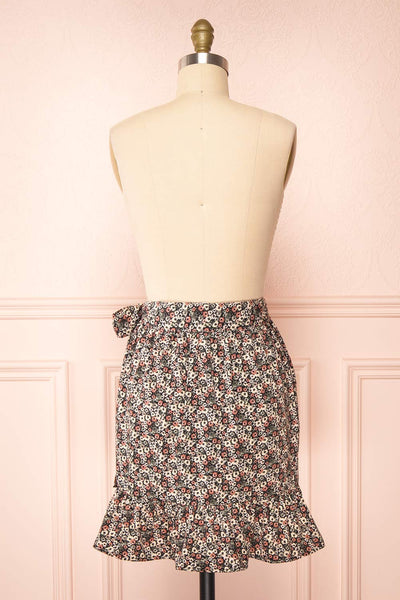 Varinia Black Patterned Ruffle Short Wrap Skirt | Boutique 1861  back view