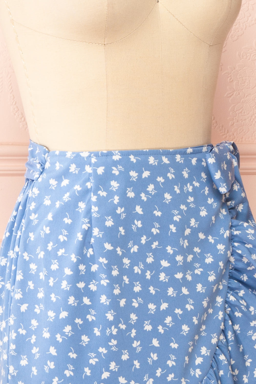 Varinia Blue Patterned Ruffle Short Wrap Skirt | Boutique 1861 side close-up