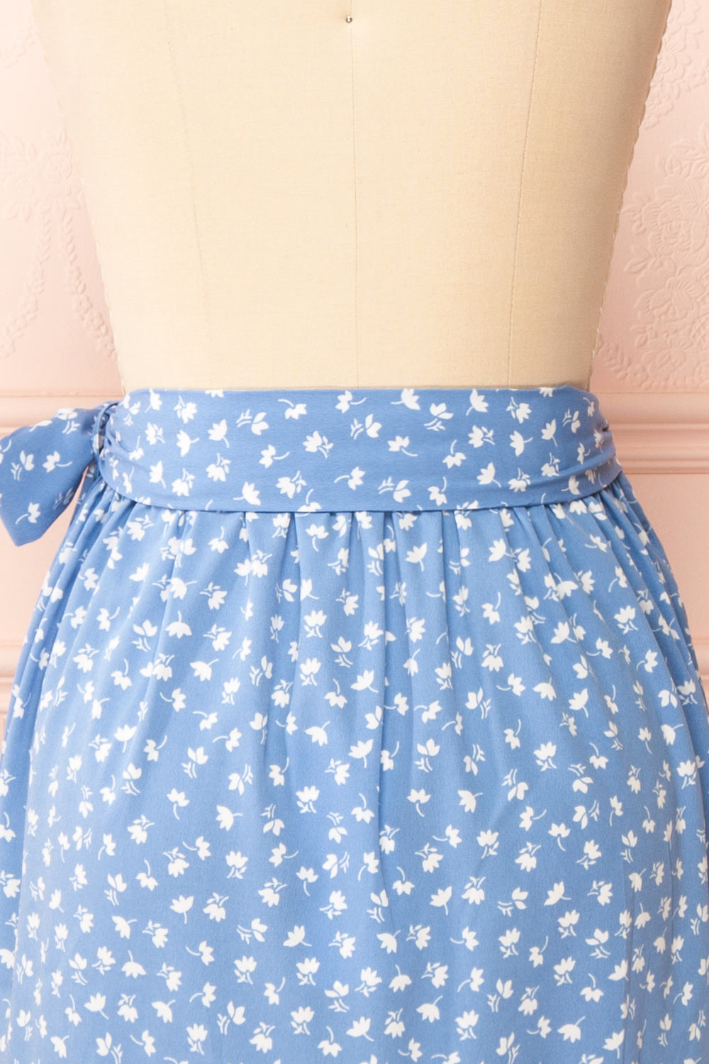 Varinia Blue Patterned Ruffle Short Wrap Skirt | Boutique 1861 back close-up