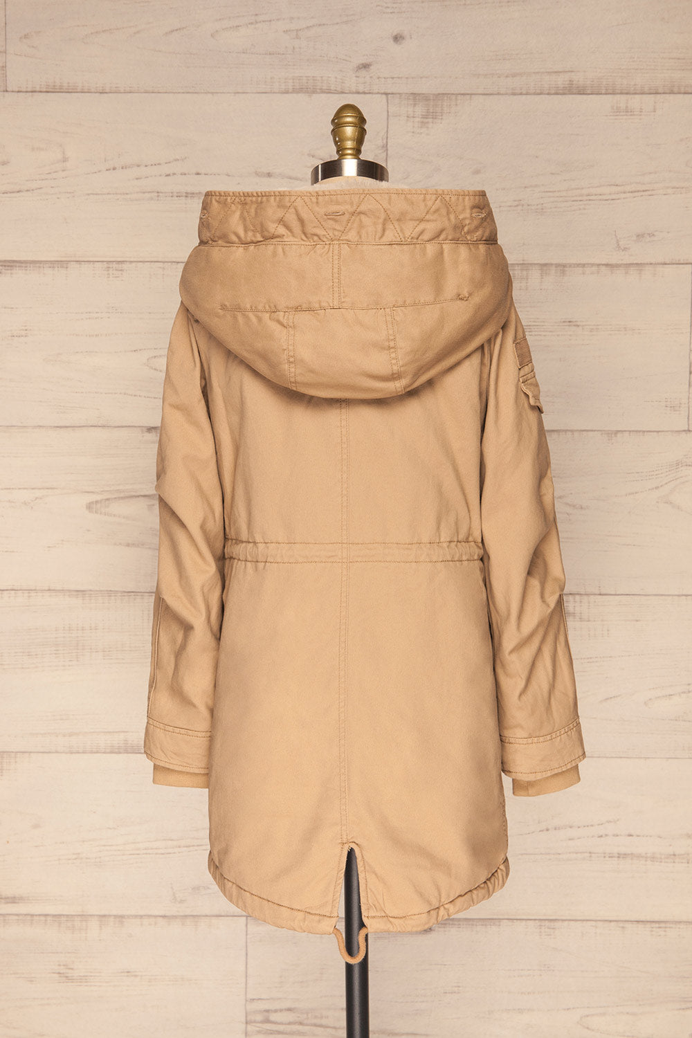 Varna Beige Parka Coat with Faux Fur Hood | La Petite Garçonne back view without fur 