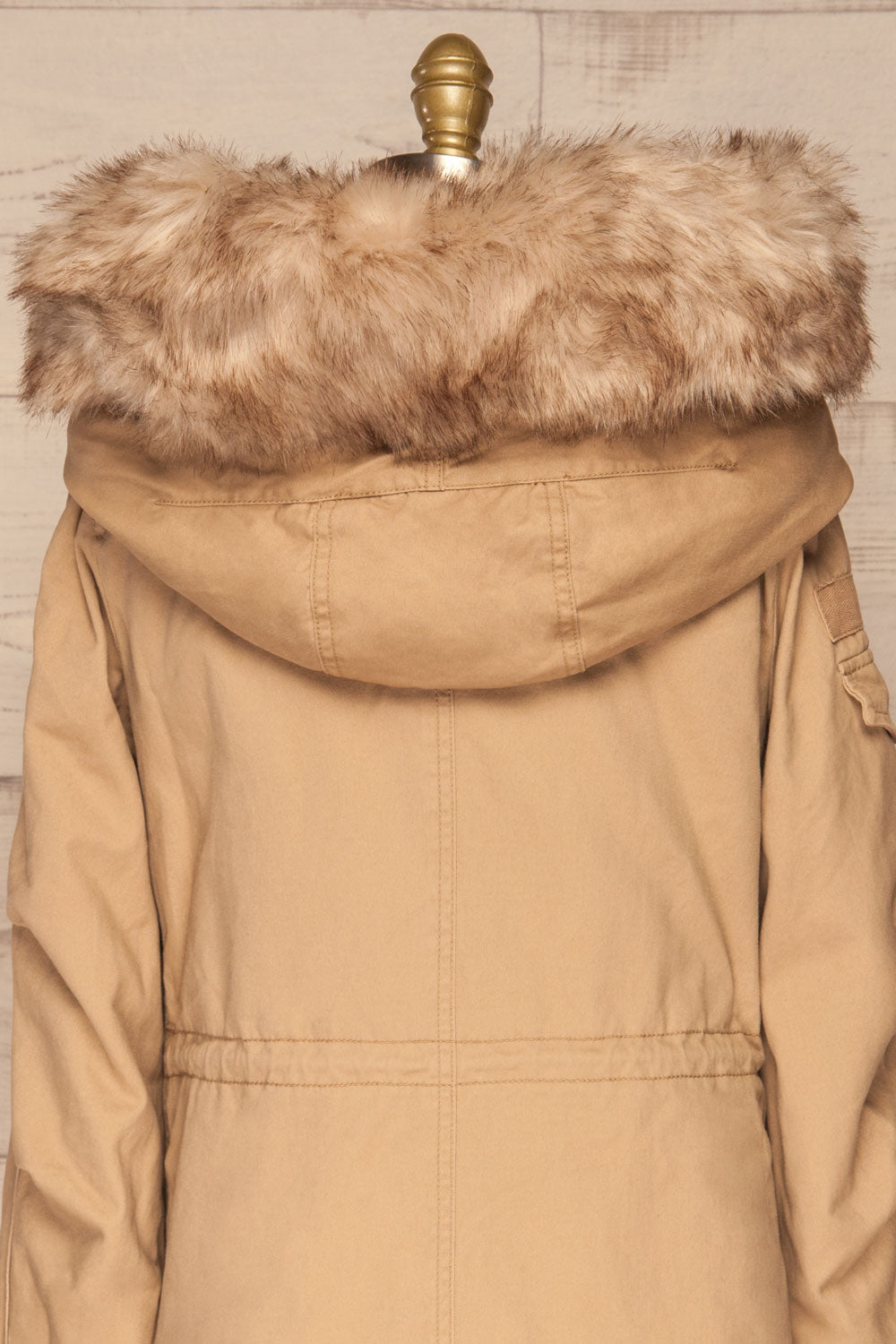 Varna Beige Parka Coat with Faux Fur Hood | La Petite Garçonne back close-up