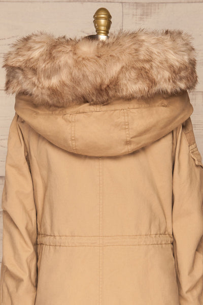 Varna Beige Parka Coat with Faux Fur Hood | La Petite Garçonne back close-up
