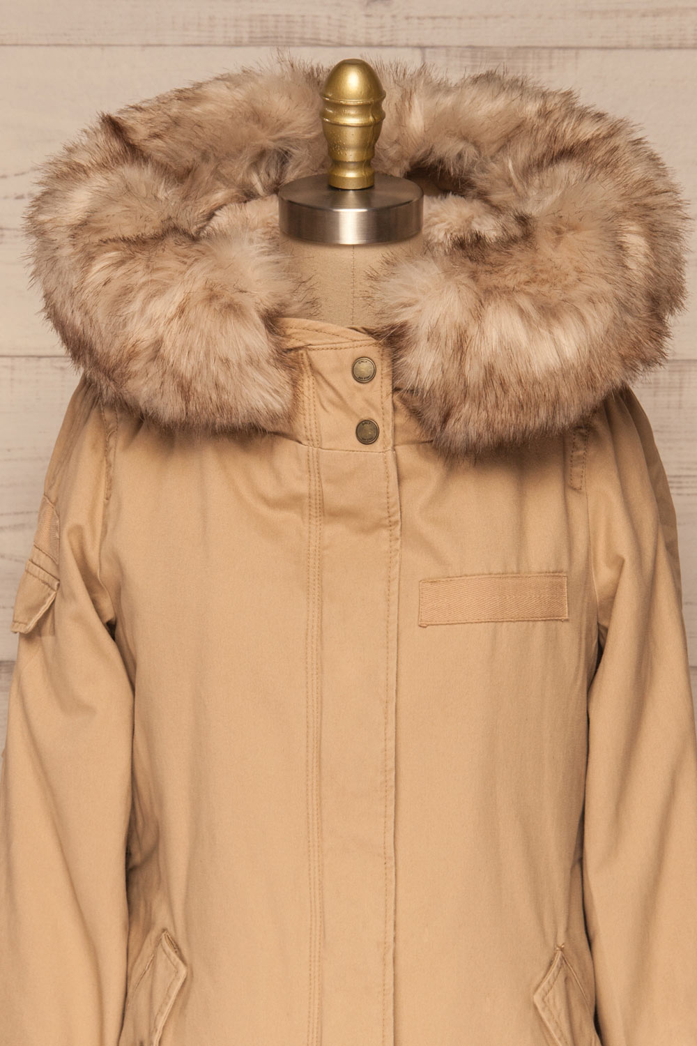 Varna Beige Parka Coat with Faux Fur Hood | La Petite Garçonne front close-up