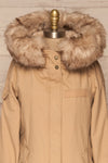 Varna Beige Parka Coat with Faux Fur Hood | La Petite Garçonne front close-up