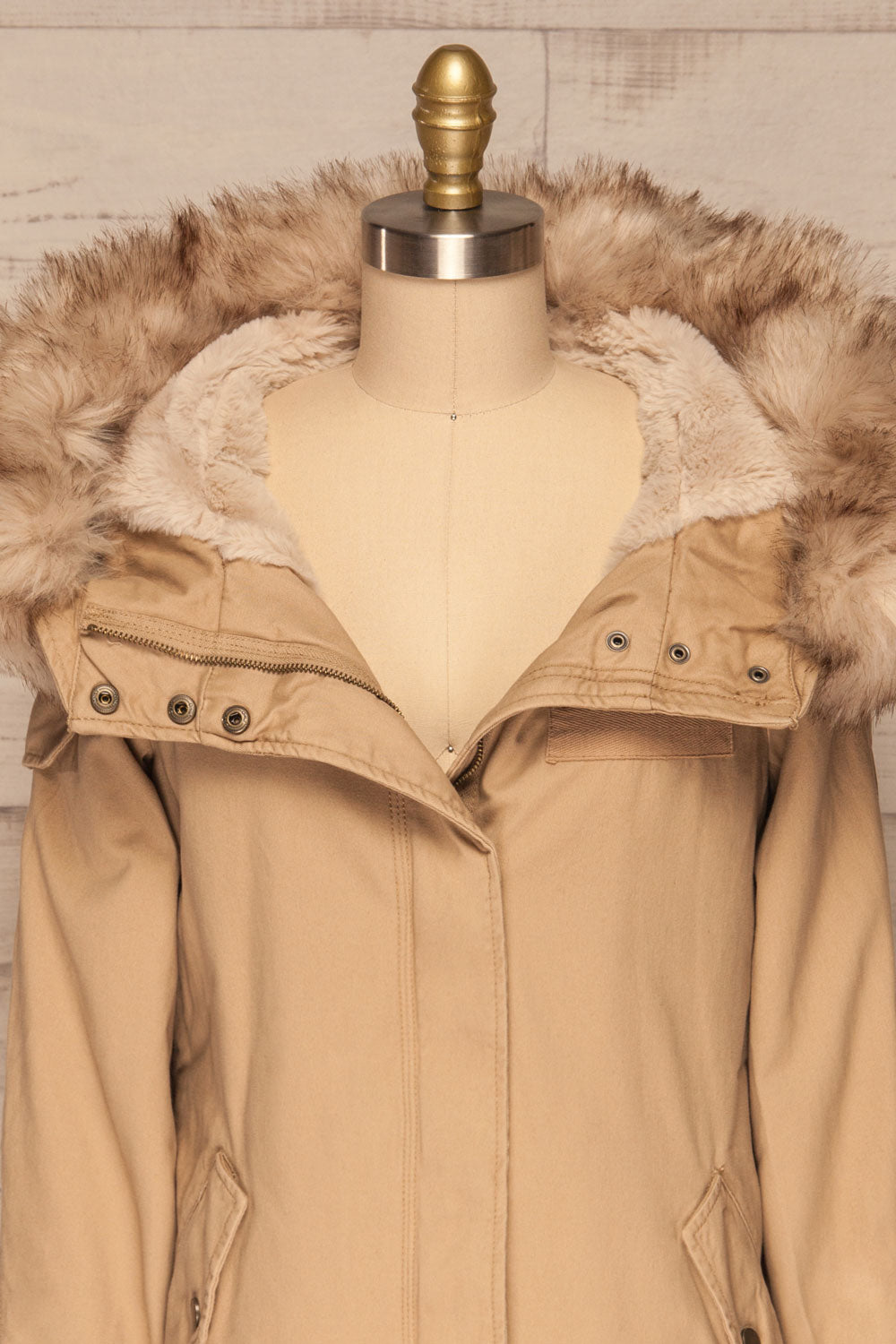 Varna Beige Parka Coat with Faux Fur Hood | La Petite Garçonne front close-up open 