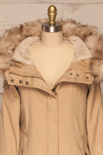 Varna Beige Parka Coat with Faux Fur Hood | La Petite Garçonne front close-up open