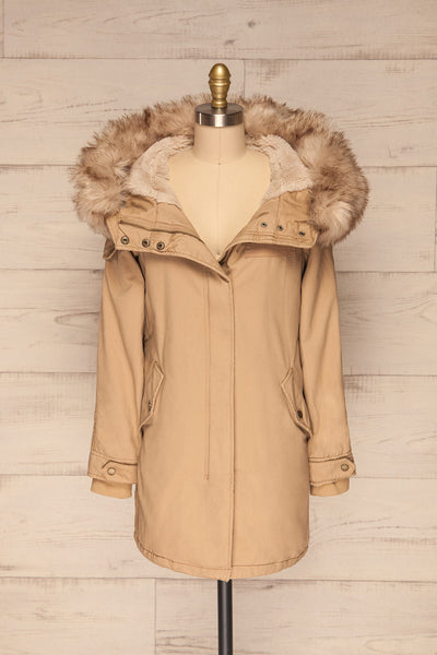 Varna Beige Parka Coat with Faux Fur Hood | La Petite Garçonne front view  open