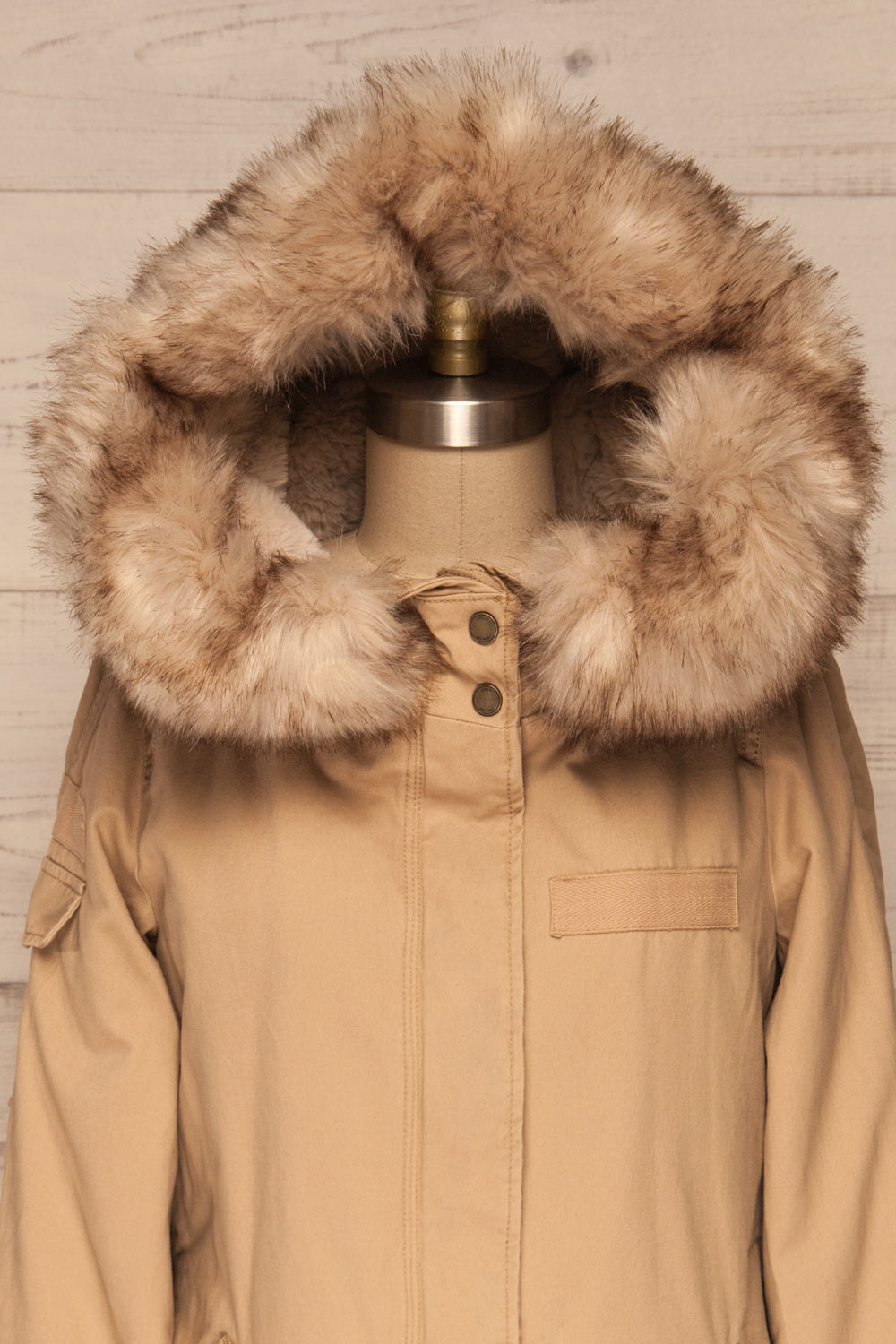 Varna Beige Parka Coat with Faux Fur Hood | La Petite Garçonne front close-up hood 