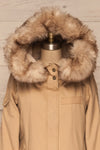 Varna Beige Parka Coat with Faux Fur Hood | La Petite Garçonne front close-up hood
