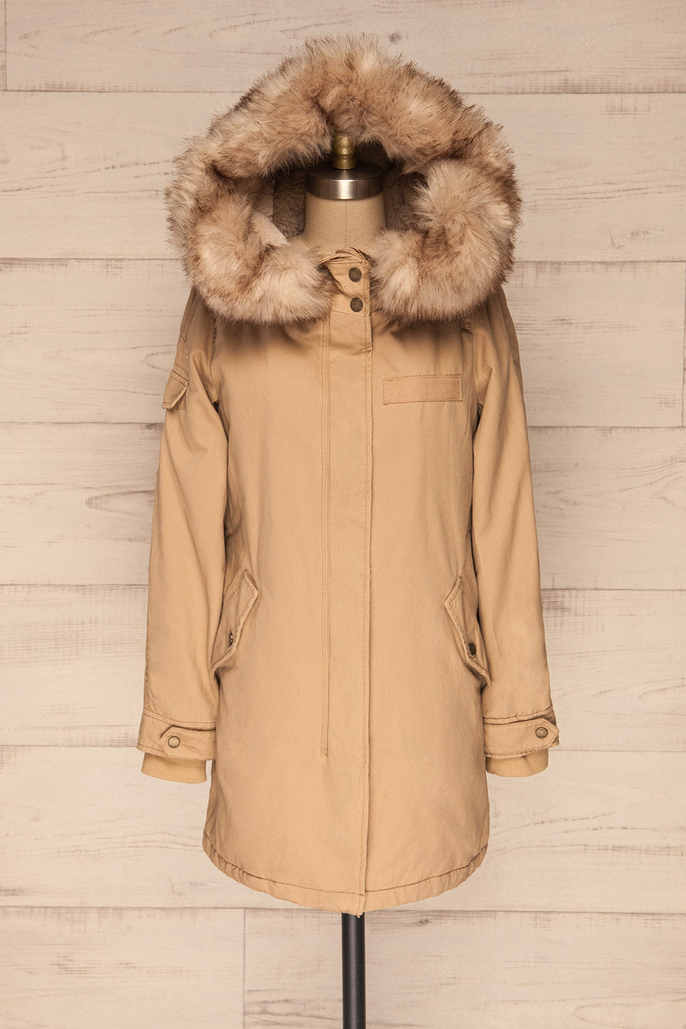 Varna Beige Parka Coat with Faux Fur Hood | La Petite Garçonne front view hood 