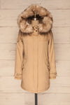 Varna Beige Parka Coat with Faux Fur Hood | La Petite Garçonne front view hood