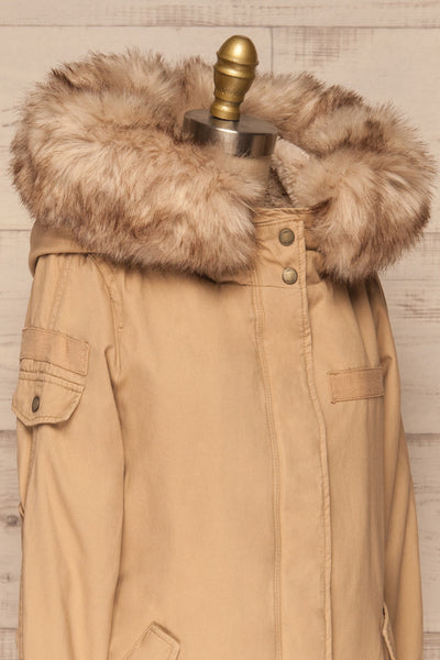 Varna Beige Parka Coat with Faux Fur Hood | La Petite Garçonne side close-up