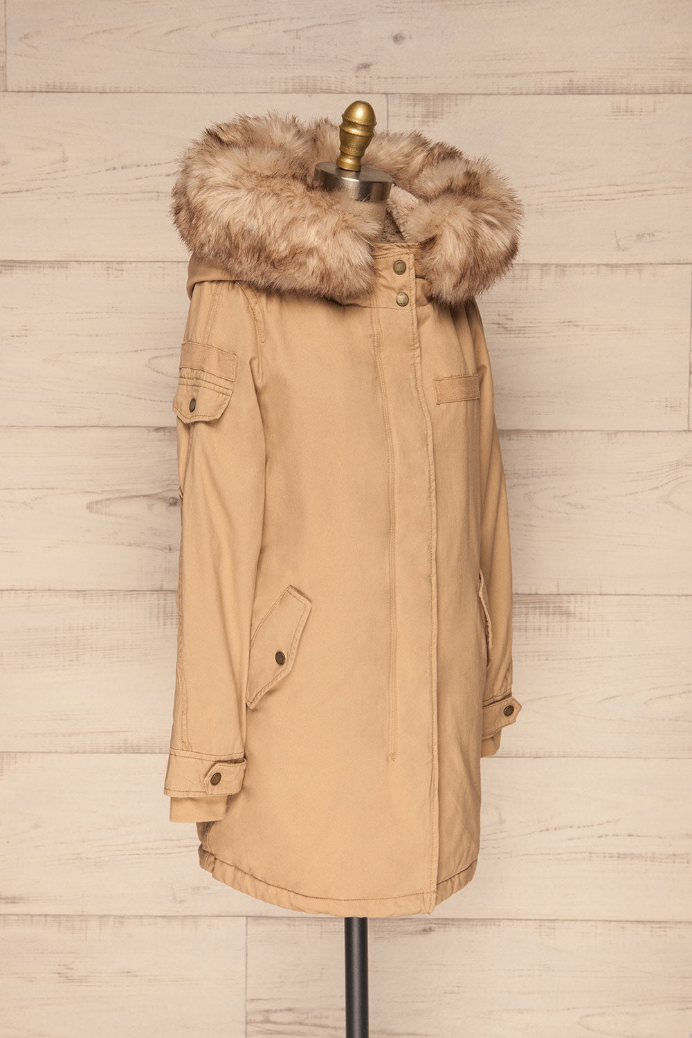 Varna Beige Parka Coat with Faux Fur Hood | La Petite Garçonne side view 