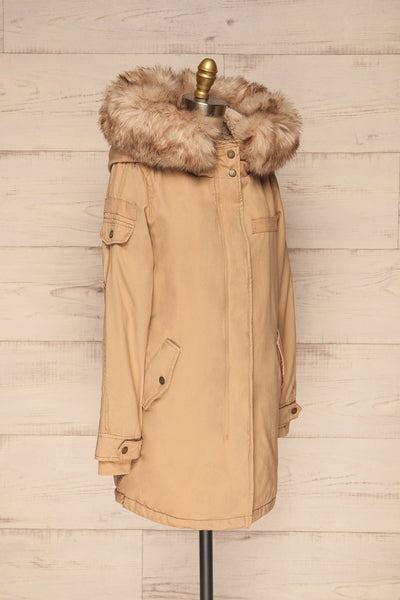 Varna Beige Parka Coat with Faux Fur Hood | La Petite Garçonne side view