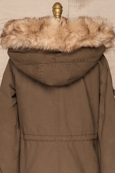 Varna Khaki Parka Coat with Faux Fur Hood | La Petite Garçonne back close-up