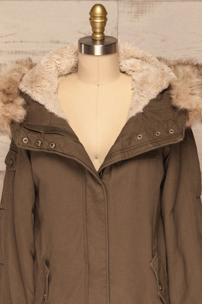 Varna Khaki Parka Coat with Faux Fur Hood | La Petite Garçonne front close-up open