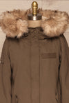Varna Khaki Parka Coat with Faux Fur Hood | La Petite Garçonne front close-up