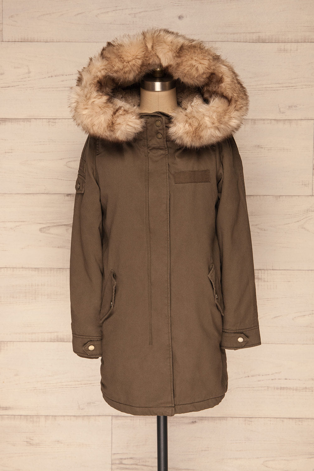 Varna Khaki Parka Coat with Faux Fur Hood | La Petite Garçonne front view hood
