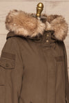 Varna Khaki Parka Coat with Faux Fur Hood | La Petite Garçonne side close-up
