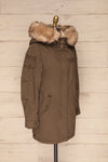Varna Khaki Parka Coat with Faux Fur Hood | La Petite Garçonne side view