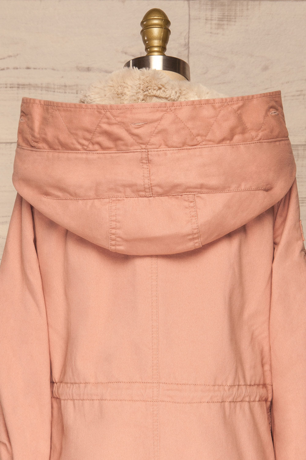 Varna Rose Pink Parka Coat with Faux Fur Hood | La Petite Garçonne back close-up without fur