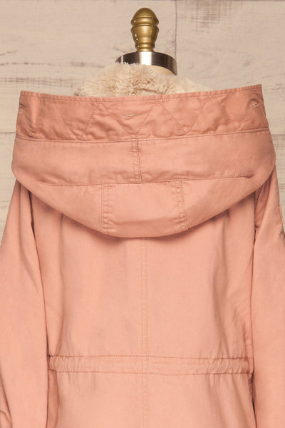 Varna Rose Pink Parka Coat with Faux Fur Hood | La Petite Garçonne back close-up without fur