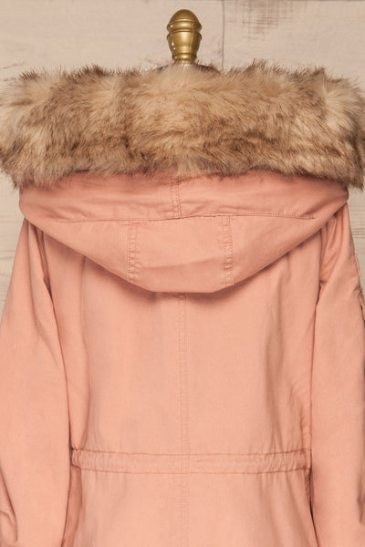 Varna Rose Pink Parka Coat with Faux Fur Hood | La Petite Garçonne back close-up