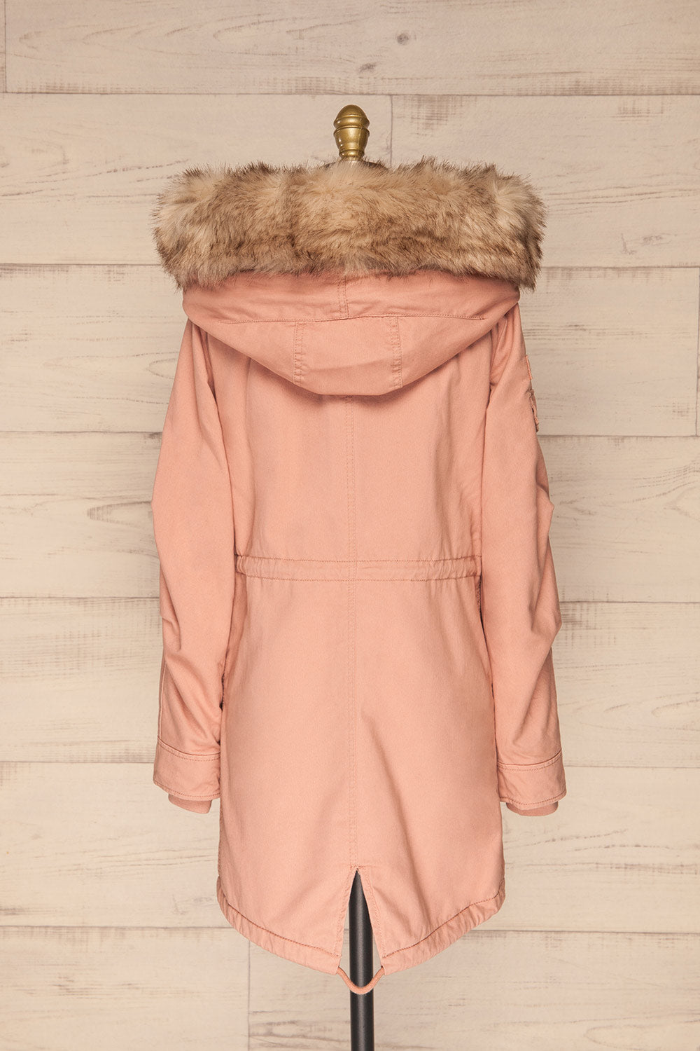 Varna Rose Pink Parka Coat with Faux Fur Hood | La Petite Garçonne back view 