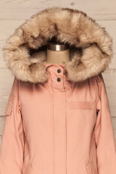 Varna Rose Pink Parka Coat with Faux Fur Hood | La Petite Garçonne front close-up hood
