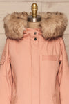Varna Rose Pink Parka Coat with Faux Fur Hood | La Petite Garçonne front close-up