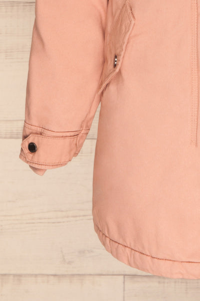 Varna Rose Pink Parka Coat with Faux Fur Hood | La Petite Garçonne bottom close-up