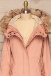 Varna Rose Pink Parka Coat with Faux Fur Hood | La Petite Garçonne front close-up open