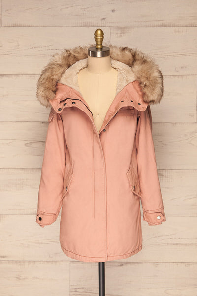 Varna Rose Pink Parka Coat with Faux Fur Hood | La Petite Garçonne front view open