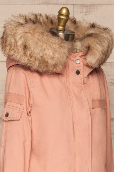 Varna Rose Pink Parka Coat with Faux Fur Hood | La Petite Garçonne side close-up