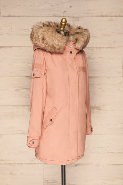 Varna Rose Pink Parka Coat with Faux Fur Hood | La Petite Garçonne side view
