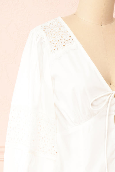 Vasilisa White Button-Up Top w/ Openwork | Boutique 1861  side close-up
