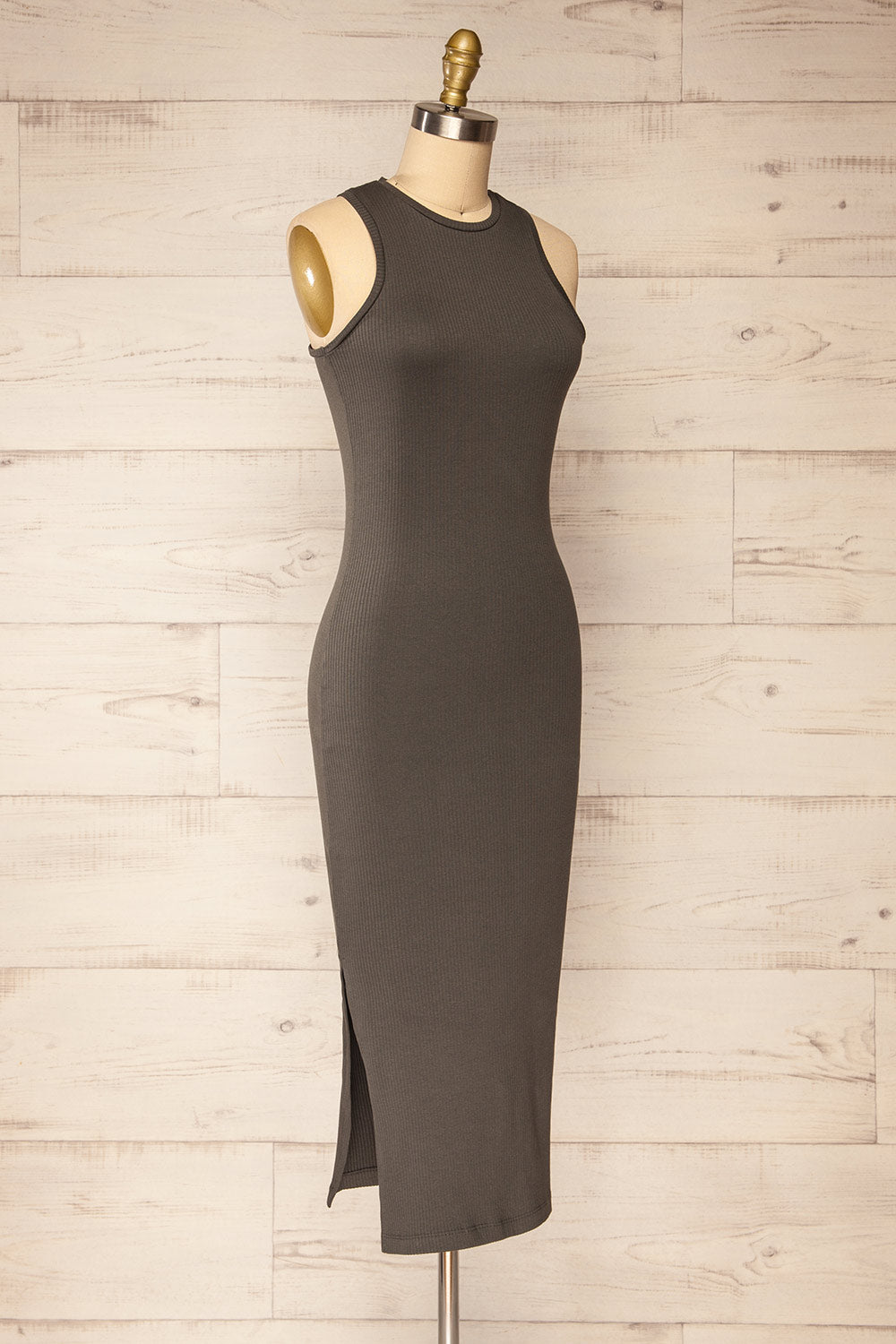 Vateras Khaki Ribbed Sleeveless Midi Dress | La petite garçonne side view 