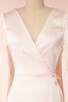 Velatura Pink Satin Wrap Dress | Robe Maxi | Boudoir 1861 front close-up